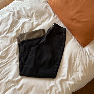 Low-rise denim roll-up wide-leg pants