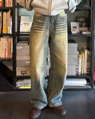 Vintage Whisker Washed Straight Denim Pants