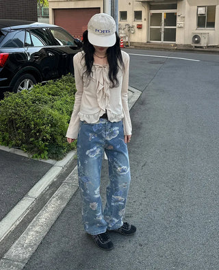 Flower pattern denim pants