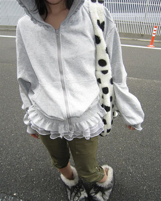 Shirred ruffle hem zip hoodie