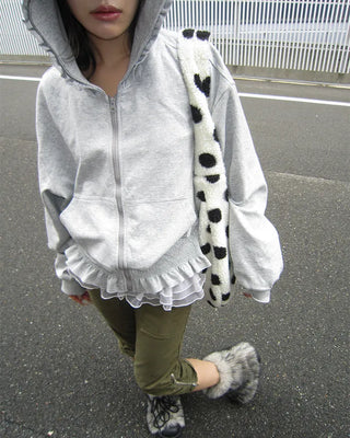 Shirred ruffle hem zip hoodie