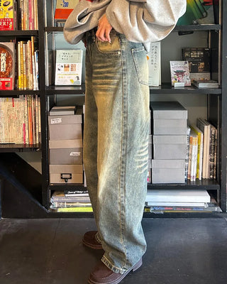 Vintage Whisker Washed Straight Denim Pants