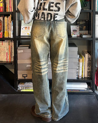Vintage Whisker Washed Straight Denim Pants