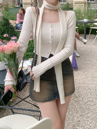 [Scarf Set] Button Square Neck Slim Knit (2 colors)