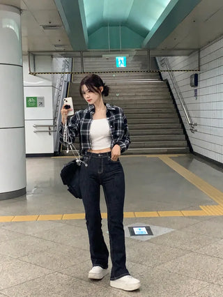 Raw denim bootcut pants