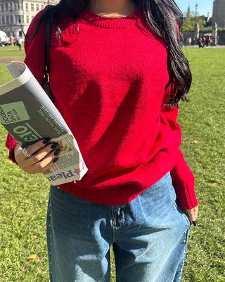 Round neck ribbed raspberry shoulder knit