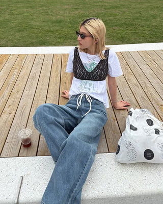 Straight-leg denim pants with string waistband