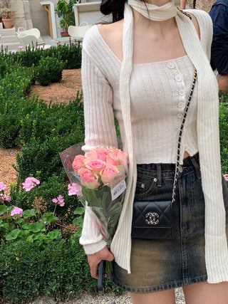 [Scarf Set] Button Square Neck Slim Knit (2 colors)