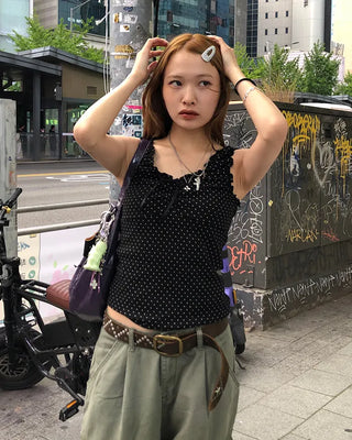 Pindot Ribbon Gathered Elastic Tank Top