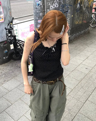 Pindot Ribbon Gathered Elastic Tank Top