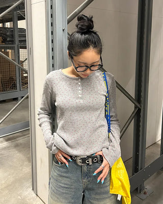 Mini Flower Henley Neck Thermal Cut and Sew
