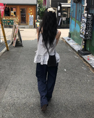 Checked Shirring Sleeveless Dress