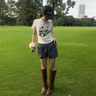 Checked pumpkin elastic waist shorts