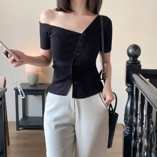 One-shoulder ribbed short-sleeved knit T-shirt (2 colors)