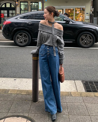 Wrap-off shoulder knit