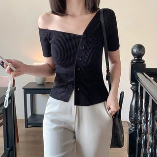 One-shoulder ribbed short-sleeved knit T-shirt (2 colors)
