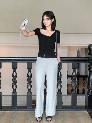 One-shoulder ribbed short-sleeved knit T-shirt (2 colors)