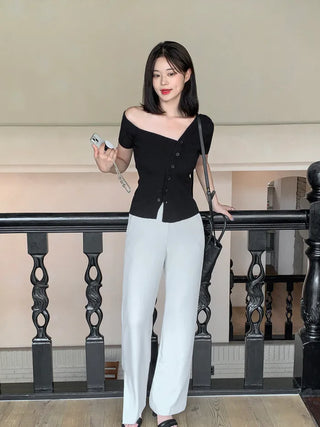 One-shoulder ribbed short-sleeved knit T-shirt (2 colors)