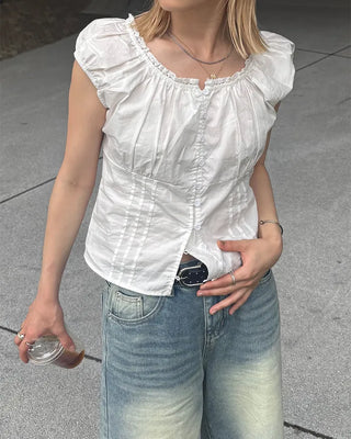 2-Way Gathered Elastic Lace Neck Button Blouse