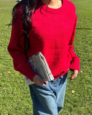 Round neck ribbed raspberry shoulder knit