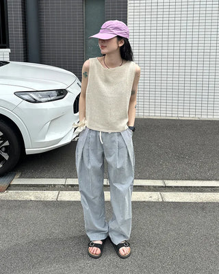 Striped pleated elastic waist pants