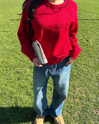 Round neck ribbed raspberry shoulder knit