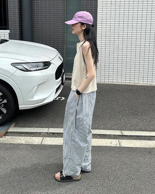 Striped pleated elastic waist pants