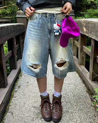 Open detail vintage denim shorts