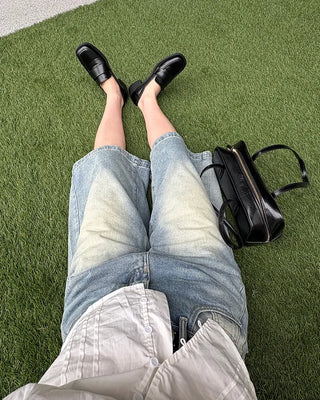 High-waisted flared Bermuda denim pants