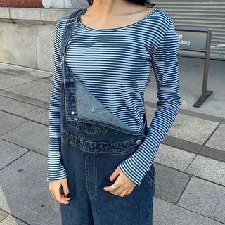 2-Way Round Neck Thin Stripe Long T-Shirt