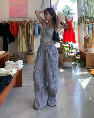Long drawstring striped cargo pants