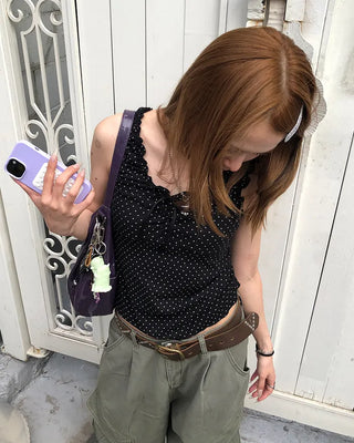 Pindot Ribbon Gathered Elastic Tank Top