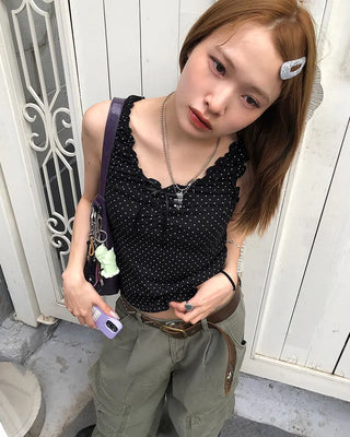 Pindot Ribbon Gathered Elastic Tank Top
