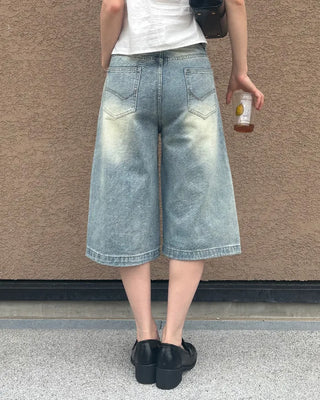 High-waisted flared Bermuda denim pants