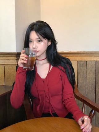 [3-Piece] Tie, Top & V-Neck Cardigan Set
