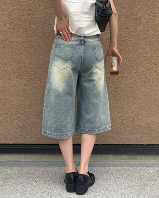 High-waisted flared Bermuda denim pants