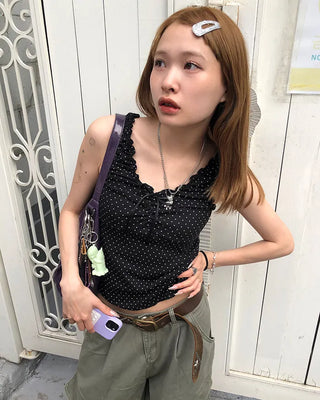 Pindot Ribbon Gathered Elastic Tank Top