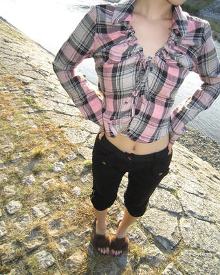 V-neck button-up check flannel blouse