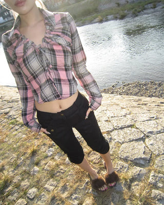 V-neck button-up check flannel blouse