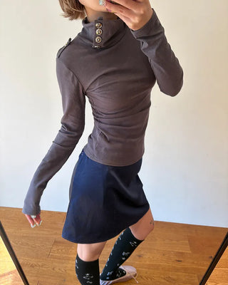 Button stand neck ribbed slim long T-shirt