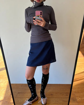 Button stand neck ribbed slim long T-shirt