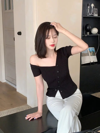 One-shoulder ribbed short-sleeved knit T-shirt (2 colors)