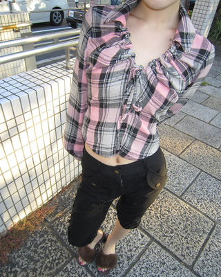V-neck button-up check flannel blouse