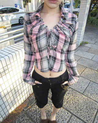 V-neck button-up check flannel blouse
