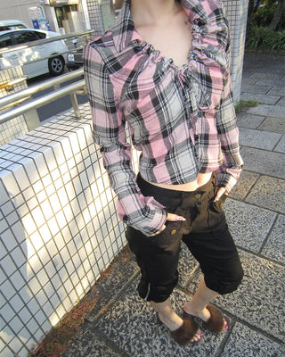 V-neck button-up check flannel blouse