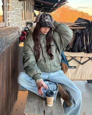Stand-up neck flap unique pocket bomber jumper