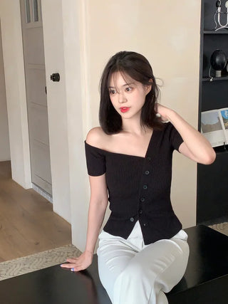 One-shoulder ribbed short-sleeved knit T-shirt (2 colors)