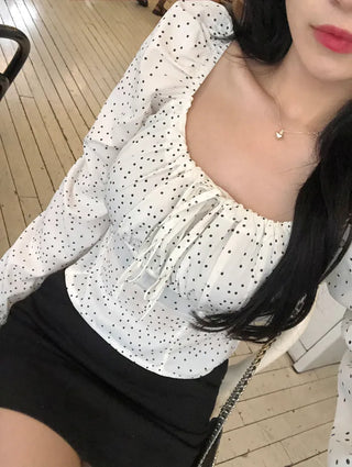 [S, M] Polka Dot Long-Sleeve Blouse