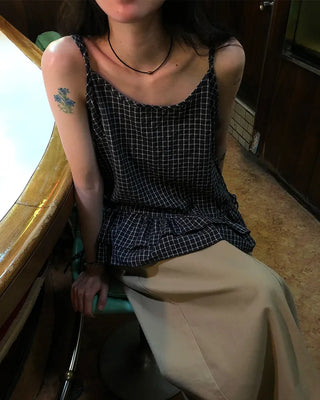 Checked shirred sleeveless blouse
