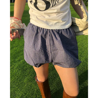 Checked pumpkin elastic waist shorts